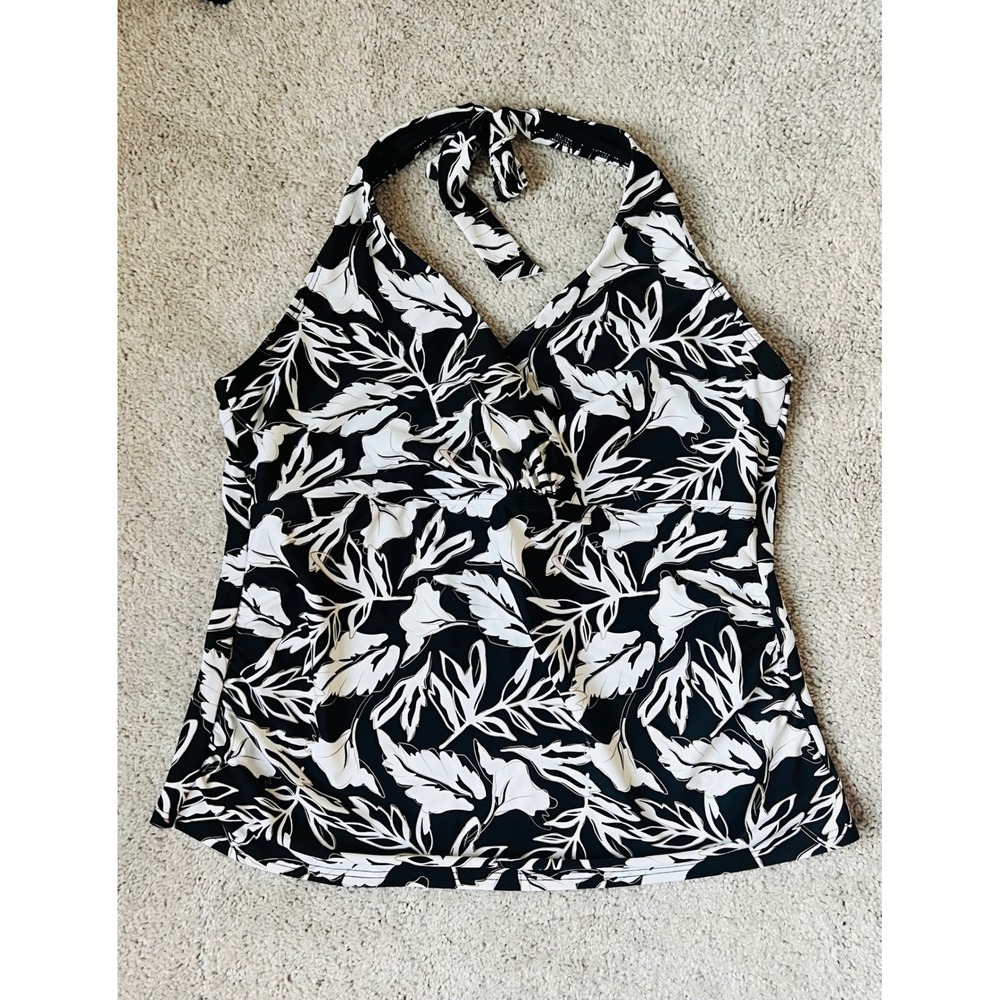 Lands End Womens Black White Floral Halter Tankini Swim Top Size L 14-16